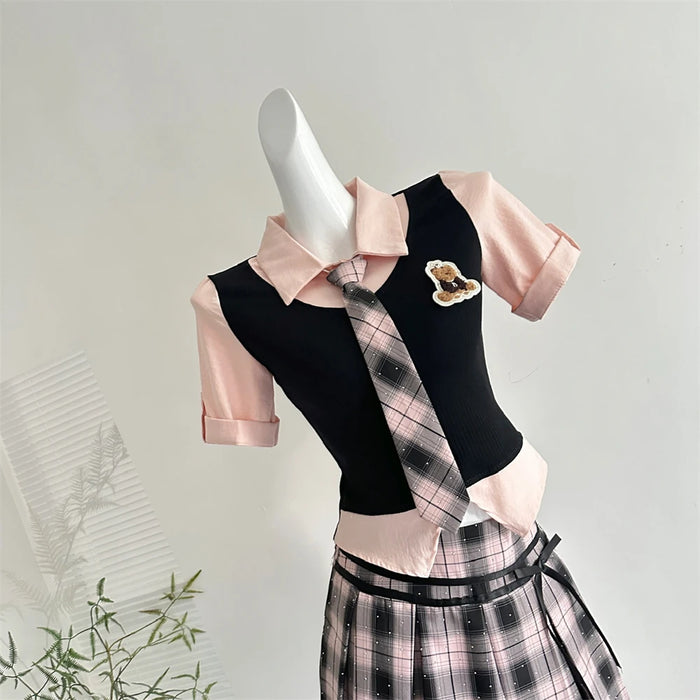Summer Women Korean Shoujo Idols 2000s Gyaru Outfits 2 Piece Set Short Sleeve Crop Top With Tie + Mini Plaid Pleated Skirts