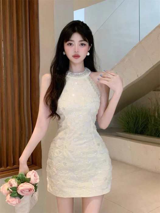 VenusFox Evening Dresses Women Flowers Elegant Mesh Patchwork Sleeveless Rhinestone Hollow Out Wedding Party Cocktail Birthday