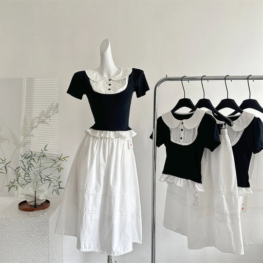 Summer Women Korean Mori Girl 2000s Aesthetic Cute Core Outfits 2 Piece Set Short Sleeve Peter Pan Collar Crop Top + Midi Skirt