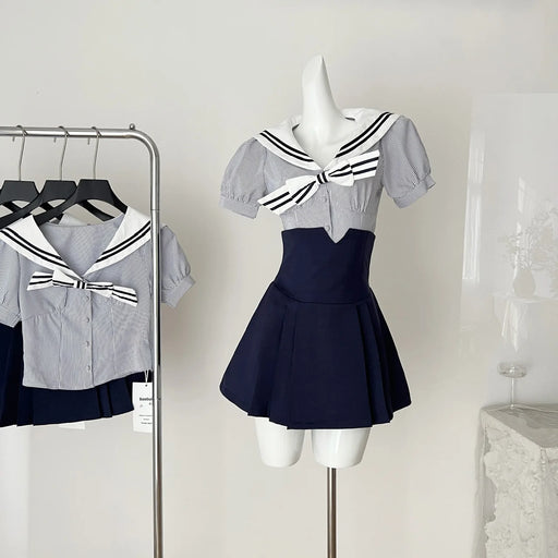 Summer Women Shoujo Korean Preppy Outfits 2 Piece School Uniform Set Striped Crop Sailor Collar Shirt + High Waist Pleated Skirt
