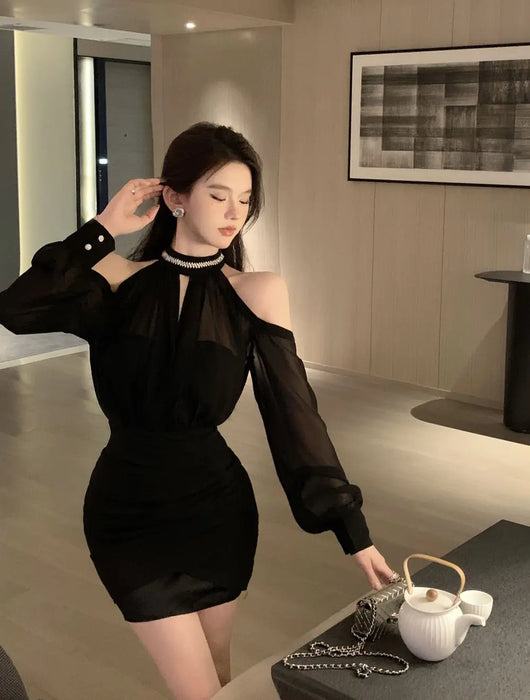 Off Shoulder Dresses for Women Spring Autumn 2025 Beach Korean Fashion One Pieces Curvy Hot Kpop Chiffon Woman Long Sleeve Dress