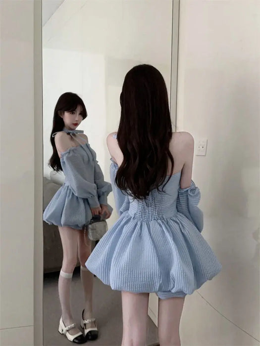 VenusFox French Strapless Dress Women Spring Summer Temperament High-end Sexy Backless Princess Puffy Dresses Shorts Set