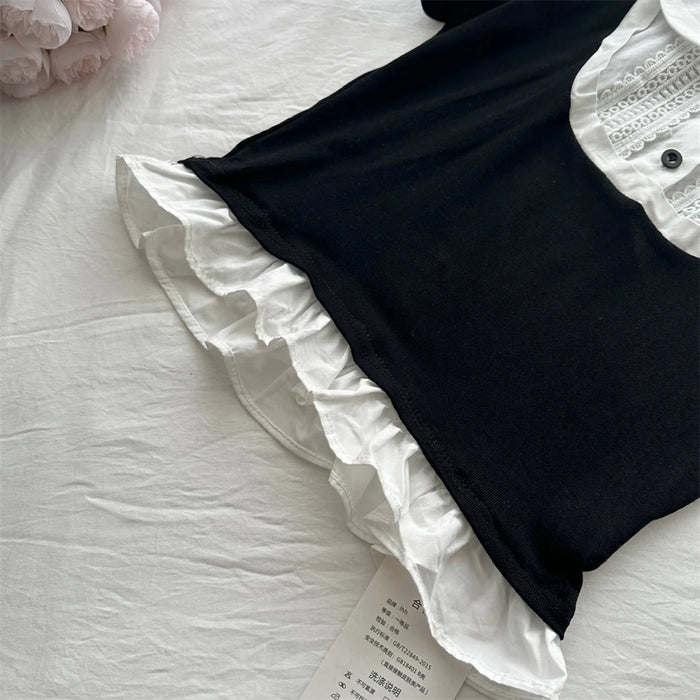 Summer Women Korean Mori Girl 2000s Aesthetic Cute Core Outfits 2 Piece Set Short Sleeve Peter Pan Collar Crop Top + Midi Skirt