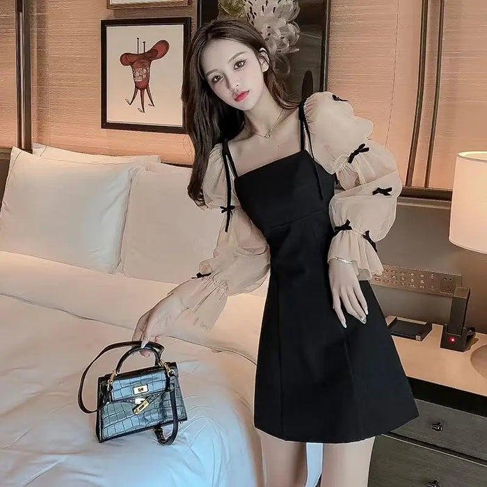 Women's Long Sleeve Dresses Mesh Party One-piece Loose Korean Style Outfits Elegant Luxury Pretty Hot Female Dress Evening Prom