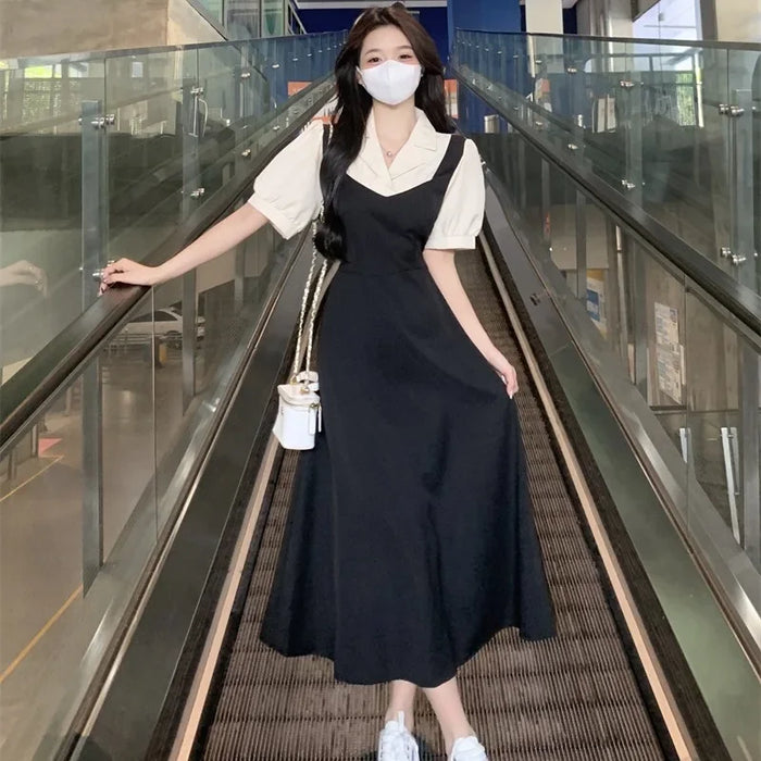 VenusFox Plus Size Color Block Shirt Dress Women's Summer New Style Slimming Hepburn Style Midi Dress Fake Two-Piece Waist-Cinching