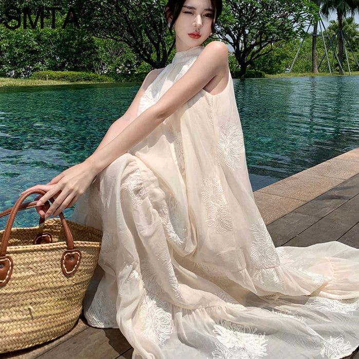 VenusFox Temperament Bohemian Seaside Resort Style Sexy Loose Hanging Neck Character Embroidery Sleeveless Midi Dress Women Summer