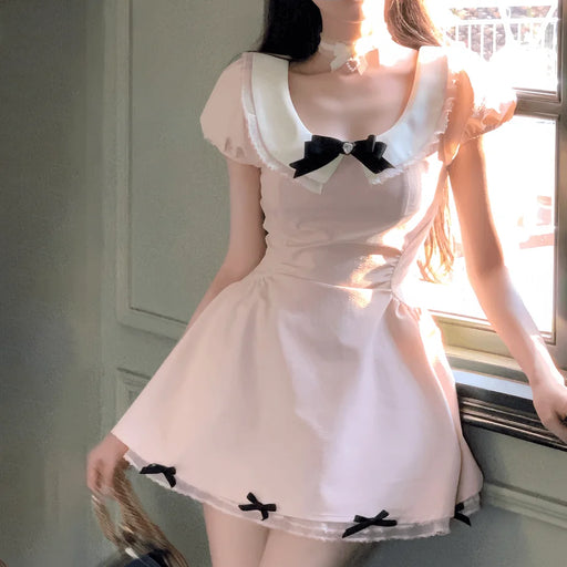 VenusFox French Cute Girl Pink Dress 2025 Summer Women New Gentle Lace Sweet Fresh Slimming Temperament Bow A-line Short Dresses