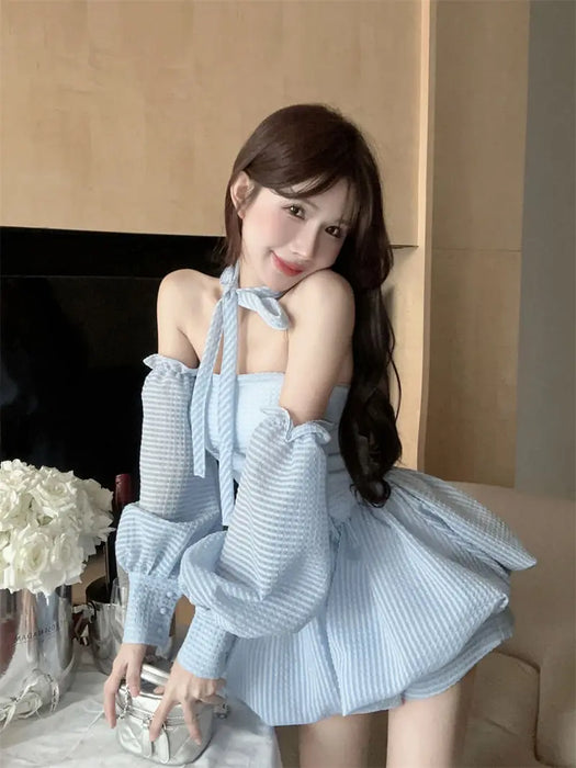VenusFox French Strapless Dress Women Spring Summer Temperament High-end Sexy Backless Princess Puffy Dresses Shorts Set