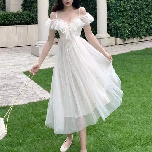 Mesh Dress Woman 2023 Summer Fairycore  Low Chest Off Shoulder Lace-Up White Dresses Women Sexy Sweet Spaghetti Strap Dress