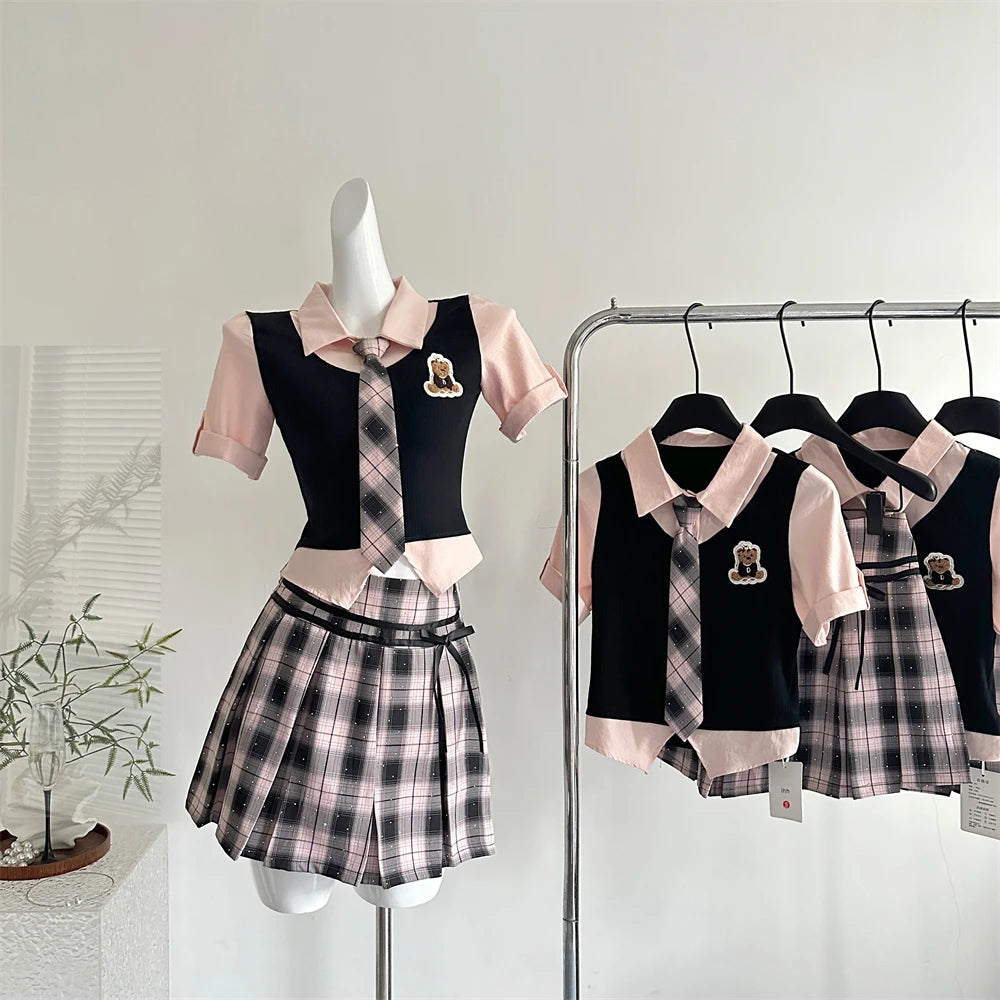 Summer Women Korean Shoujo Idols 2000s Gyaru Outfits 2 Piece Set Short Sleeve Crop Top With Tie + Mini Plaid Pleated Skirts