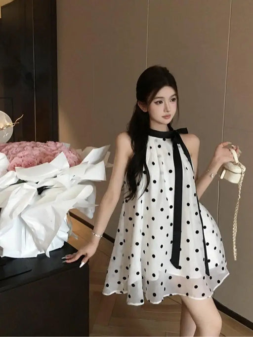 VenusFox Fairy Halter Polka Dot Mini Dress Women Summer Lace Up Bow Off Shoulder Chiffon A-line Dresses Fashion Party Vestidos