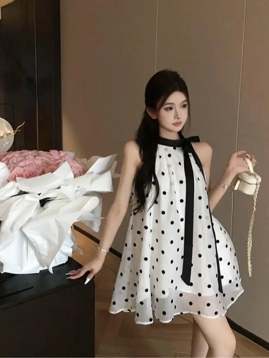 VenusFox Fairy Halter Polka Dot Mini Dress Women Summer Lace Up Bow Off Shoulder Chiffon A-line Dresses Fashion Party Vestidos