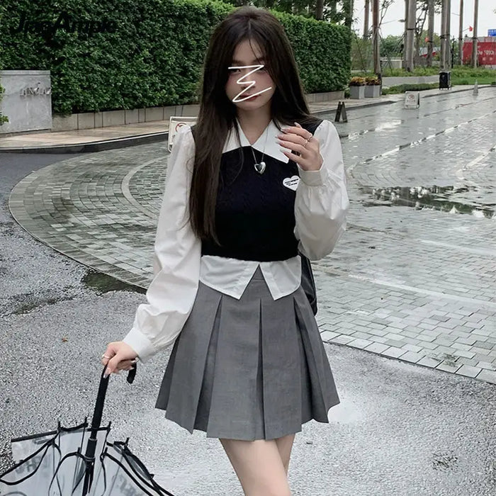 Women's Spring Autumn Preppy Style Clothing 2025 New Student Patchwork Shirt Mini Pleated Skirts Outfits High School Uniform