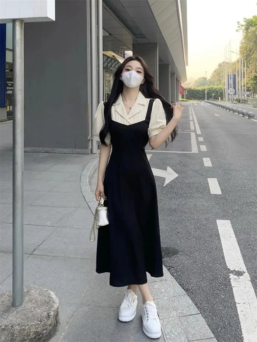 VenusFox Plus Size Color Block Shirt Dress Women's Summer New Style Slimming Hepburn Style Midi Dress Fake Two-Piece Waist-Cinching