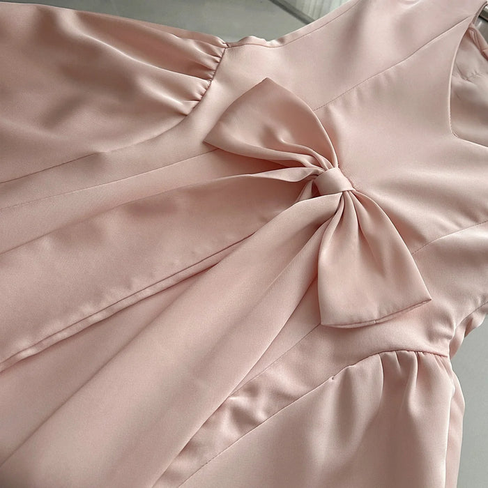 Summer Women Ballet Core Preppy Bow Satins A-line Dress Mini Frocks Backless One-Piece Evening Party Shoujo Gyaru Old Money