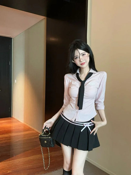 Korean College Sle Sweet And Spicy irt Top with Waist-Cinching Midi Skirt Set Cotton Blend Seven-quarter Sve Tie-waist