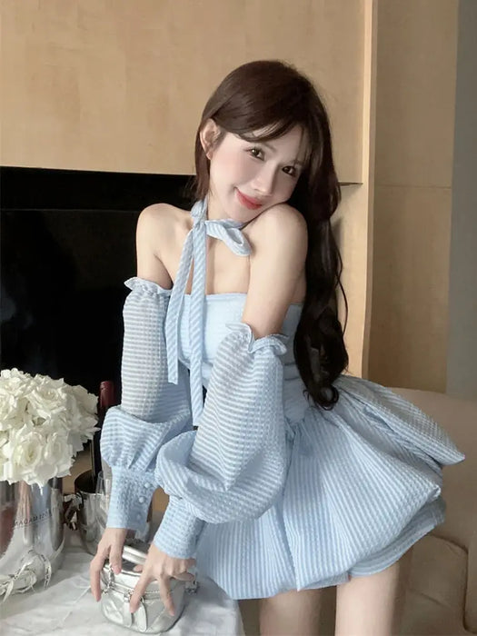 VenusFox French Strapless Dress Women Spring Summer Temperament High-end Sexy Backless Princess Puffy Dresses Shorts Set