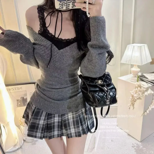 3 Pieces Set Outfits Women Korean Style Two Piece Set Knit Top Pleated Plaid Skirt Matching Set New 2000s Clothes Y2k Gyaru Girl