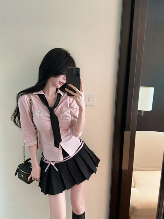 Korean College Sle Sweet And Spicy irt Top with Waist-Cinching Midi Skirt Set Cotton Blend Seven-quarter Sve Tie-waist