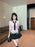 Korean College Sle Sweet And Spicy irt Top with Waist-Cinching Midi Skirt Set Cotton Blend Seven-quarter Sve Tie-waist