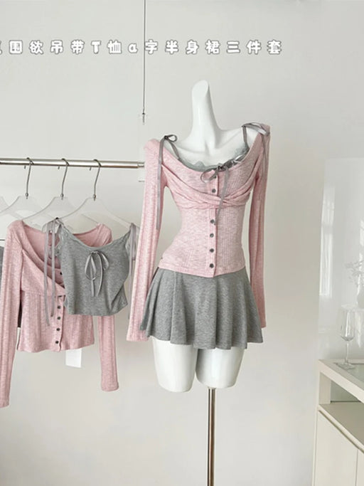 2025 Spring Women Birthday Ballet Core Korean Fashion Outfits 3 Piece Set Shoujo Lace Camisole +  Long Sleeve Tops + Mini Skirts