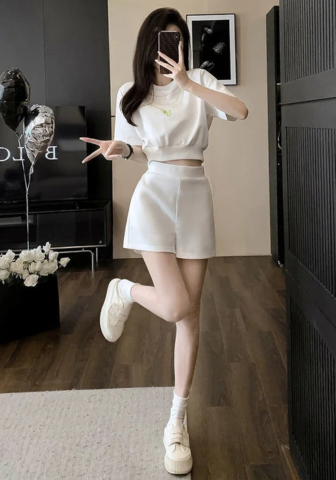Women's Short Sets 2 Pieces Tracksuit White Clothing Female Shorts Trend 2024 New Coordinated Korean Style Tailor Fashion Full