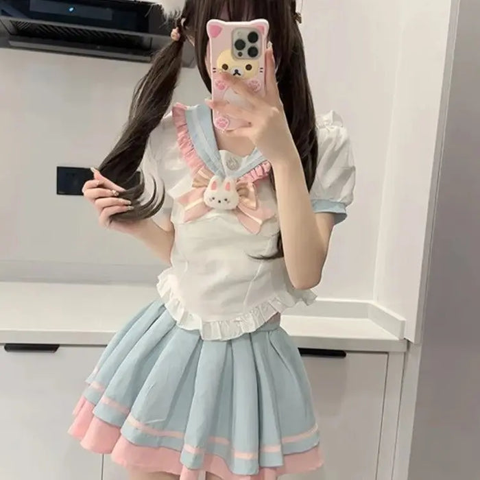 Y2k Sweet Style Skirt Set Bow Tie Peter Pan Collar Top High-Waist Puffy Skirt 2 Piece Set Summer Preppy JK Sailor Uniform Outfit