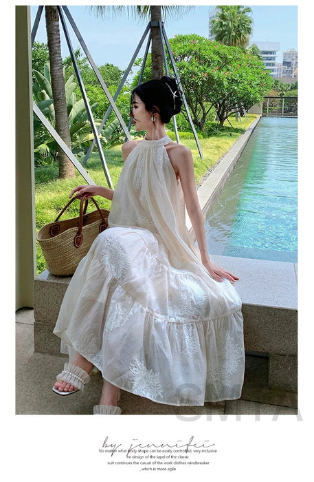 VenusFox Temperament Bohemian Seaside Resort Style Sexy Loose Hanging Neck Character Embroidery Sleeveless Midi Dress Women Summer