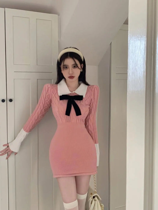 Bow Female Knit Dress High Quality Deals Trend Fashion Korean Comfortable Casual Essential New in Pink Women's Crochet Dresses