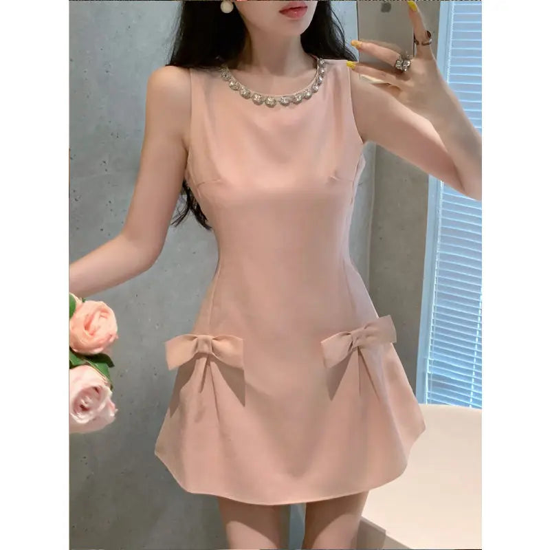 VenusFox Sweet Sleeveless Birthday Party Dress Women Summer Beading Round Neck Waist Bow A-line Mini Dresses Elegant Vestidos