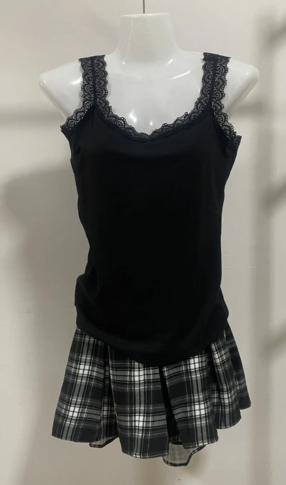 3 Pieces Set Outfits Women Korean Style Two Piece Set Knit Top Pleated Plaid Skirt Matching Set New 2000s Clothes Y2k Gyaru Girl