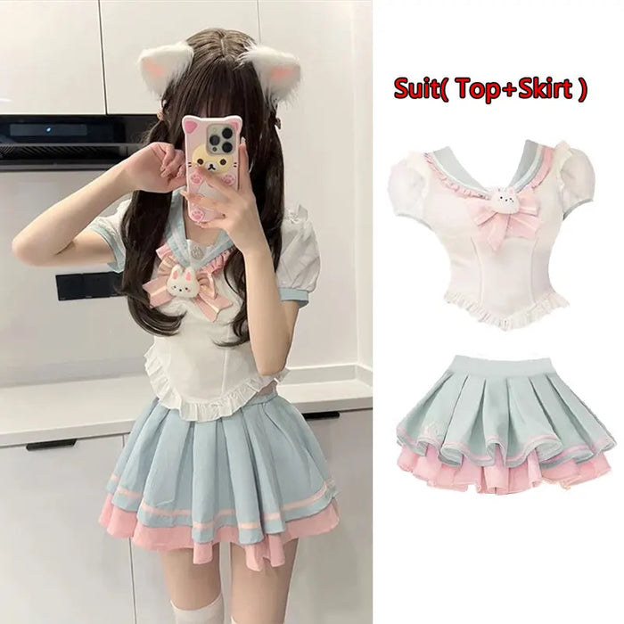 Y2k Sweet Style Skirt Set Bow Tie Peter Pan Collar Top High-Waist Puffy Skirt 2 Piece Set Summer Preppy JK Sailor Uniform Outfit