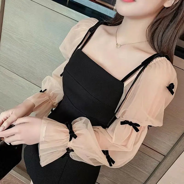 Women's Long Sleeve Dresses Mesh Party One-piece Loose Korean Style Outfits Elegant Luxury Pretty Hot Female Dress Evening Prom