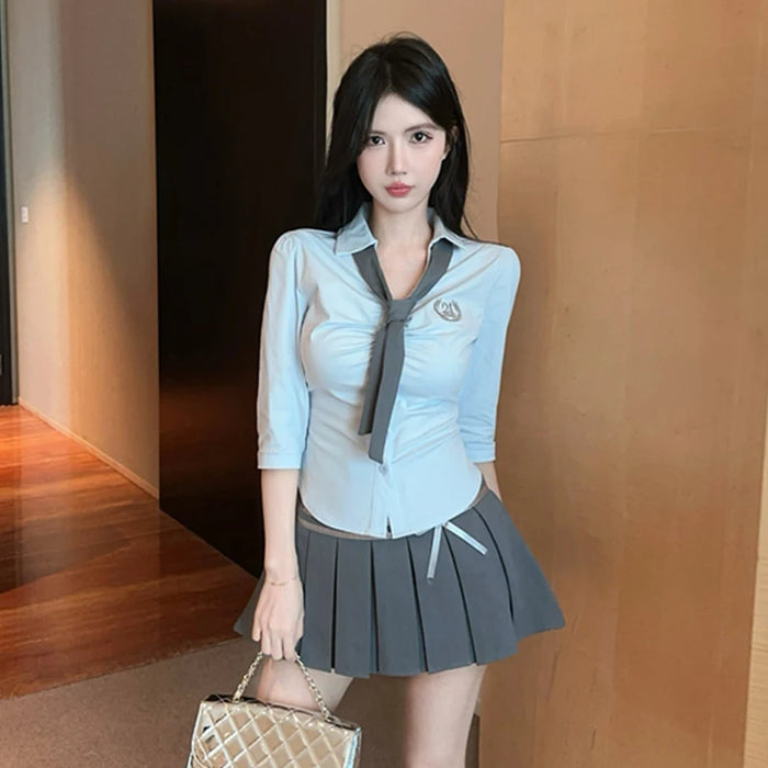 Korean College Sle Sweet And Spicy irt Top with Waist-Cinching Midi Skirt Set Cotton Blend Seven-quarter Sve Tie-waist