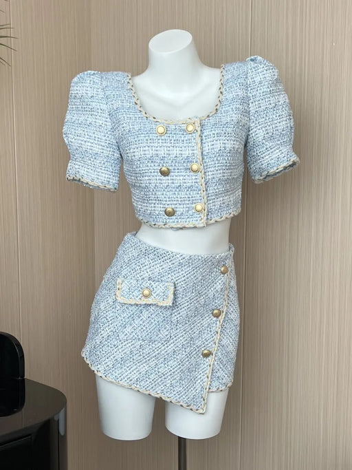 Elegant Chic Vintage Tweed Sets Women Outfits Puff Sleeve Double Breasted Cropped Tops + Asymmetrical Mini Skirt Two Piece Suits