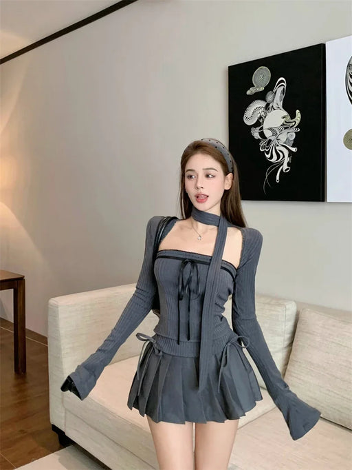 Korean Chic Spicy Girl Long Sleeve Cardigan Slim Fit Tube Top Bow High Waist Pleated Short Skirt Set Two Piece Set Women Outfits