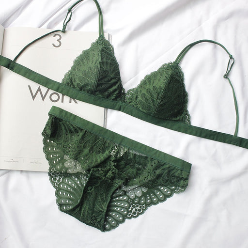 VenusFox New Sexy Bralette French Underwear Lace Triangle Cup Push Up Bra Set Ultra-thin Women Brand Green Lingerie and S M L Panties Set