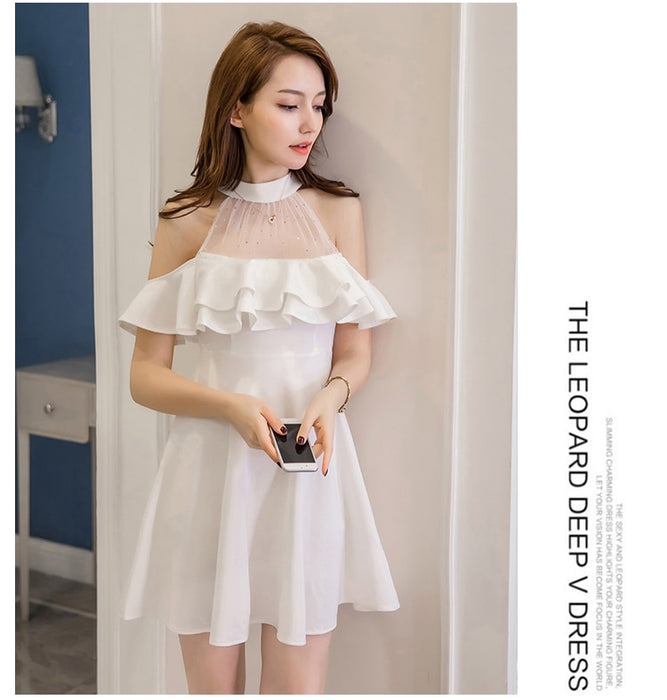 VenusFox Jielur Elegant Lace Off Shoulder Women Dress Summer Korean Hipster Black White Sexy Party Slim Ruffles A Line Dress Vestidos