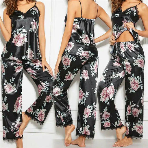 VenusFox Ladies Floral Pajamas Set Underwear Sleeveless V-neck Backless Vest Top Lace Satin Trousers Sleepwear Nightwear Mujer Pijama
