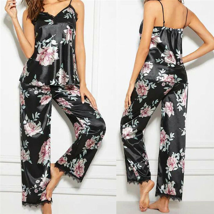 VenusFox Ladies Floral Pajamas Set Underwear Sleeveless V-neck Backless Vest Top Lace Satin Trousers Sleepwear Nightwear Mujer Pijama