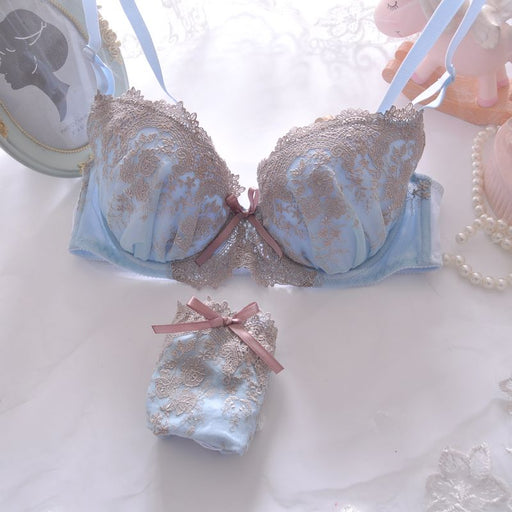 VenusFox Sweet Teen Girls Underwear Japanese Light Blue Lingerie Suit Cute Thin Embroidery Gathered Sexy Large Size Bra & Panties Set
