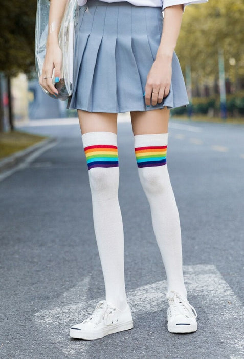 VenusFox Rainbow over the knee socks winter rainbow stripes wild street women's socks fashion trend girl ladies