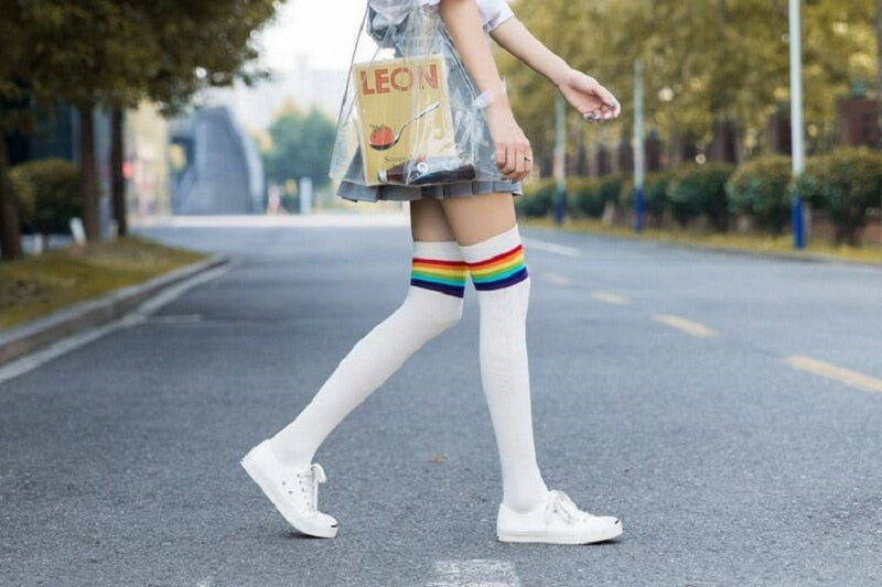 VenusFox Rainbow over the knee socks winter rainbow stripes wild street women's socks fashion trend girl ladies