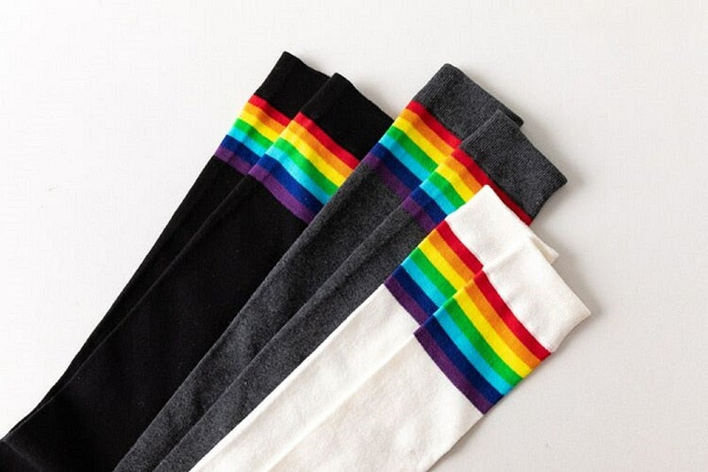 VenusFox Rainbow over the knee socks winter rainbow stripes wild street women's socks fashion trend girl ladies