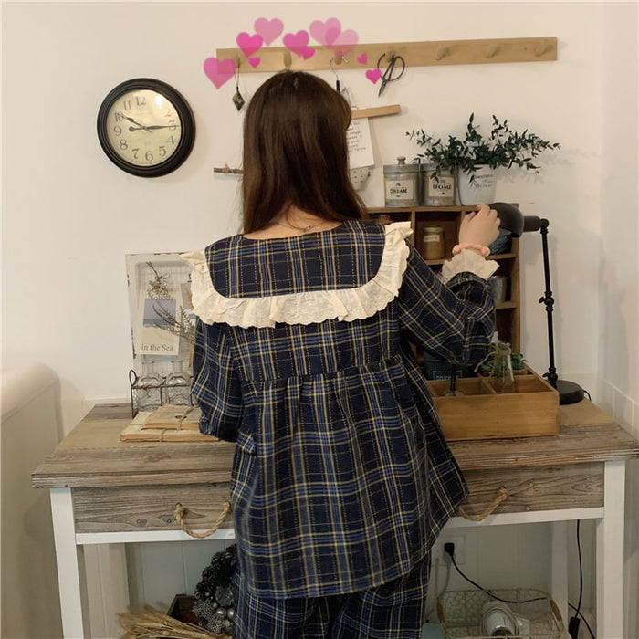 VenusFox Chic Plaid Sleepwear Patchwork Lace Geometric Long Sleeves Home Clothes Loose Casual Chic Women Sweet Pajamas