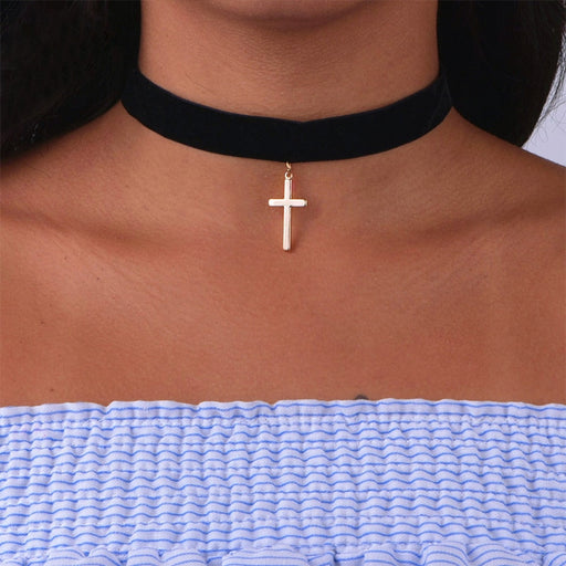 VenusFox Simple Black Flannelette Cross Pendant Necklace Women's Wedding Party Choker Jewelry Charming Lady's Clavicle Chain