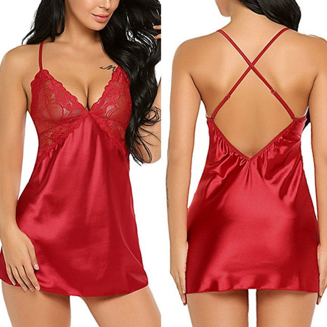 VenusFox New Sexy Backless Lingerie Women's Lace Satin Silk Sleepwear Pajamas Sex Hot Erotic Nightdress Underwear