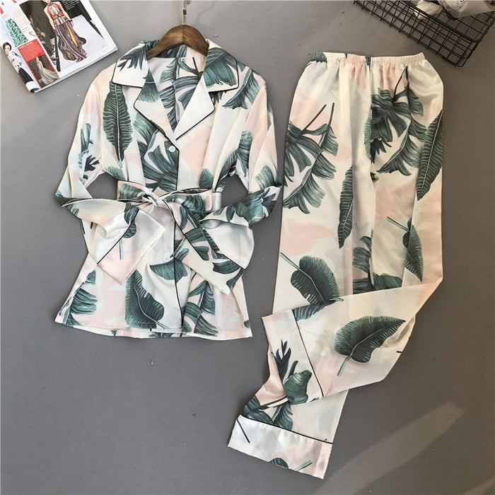 VenusFox Spring Printing Pattern Women Pajama Set Rayon Sleepwear Long Sleeve Trousers Two Paper Suit