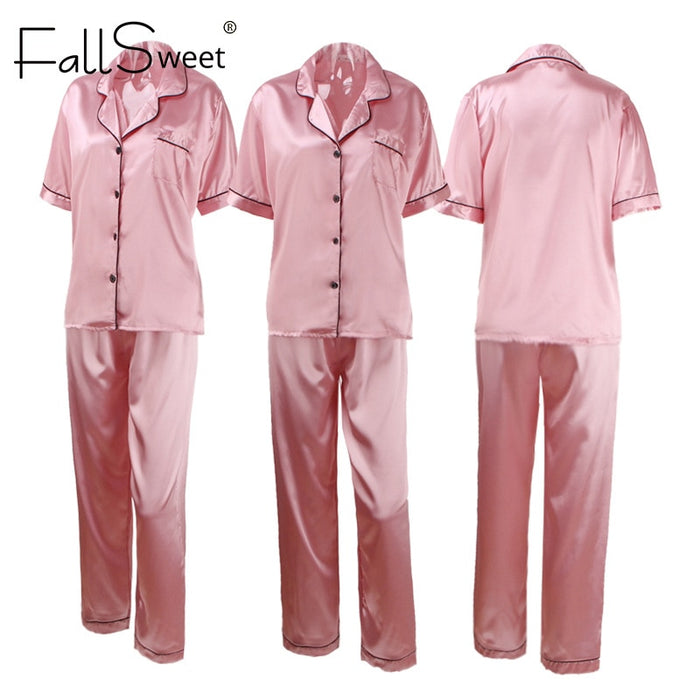 VenusFox Women Pajamas Sets  Silk Solid Sleepwear Plus Size V Neck Nightwear Sets