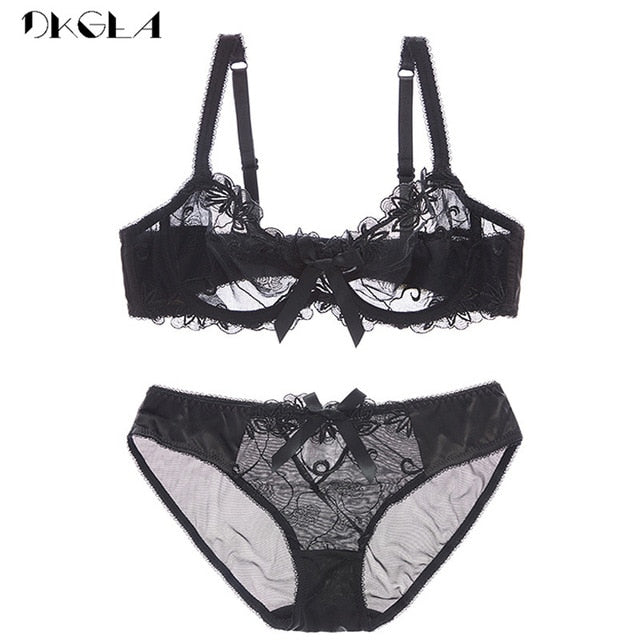 VenusFox New Fashion Embroidery Lingerie Set Women Bras C D Cup Plus Size Underwear Set Sexy Black Transparent Bra and Panties Sets Lace